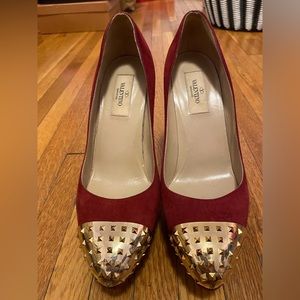 Valentino Shoes | Valentino Studded Gold Toe Cap Pump | red Suede